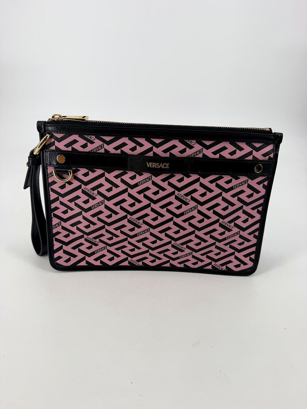 Versace La Greca Pink Black Zip Crossbody Clutch Leather Strap Gold Italy